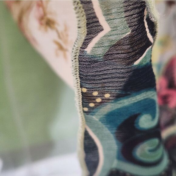 Fenini 0 Color Blocks Green Floral Print Slvless SILK Blend Women Top Blouse - Picture 7 of 9